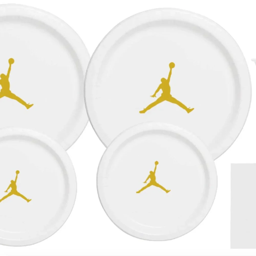 White & Gold Jumpman Paper Plates | Basketball Birthday Party Supplies | 60 pcs